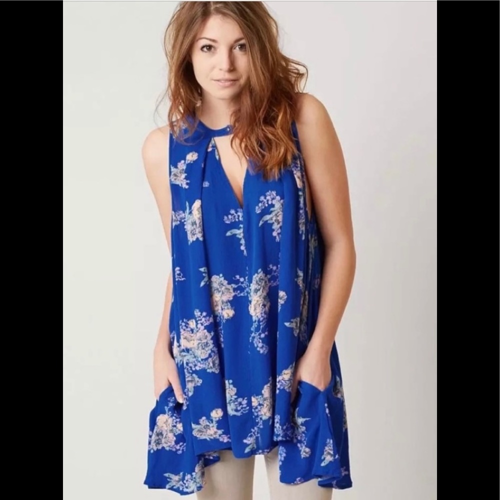 Free People Tree Swing Blue Floral Boho Tunic Mini Dress M